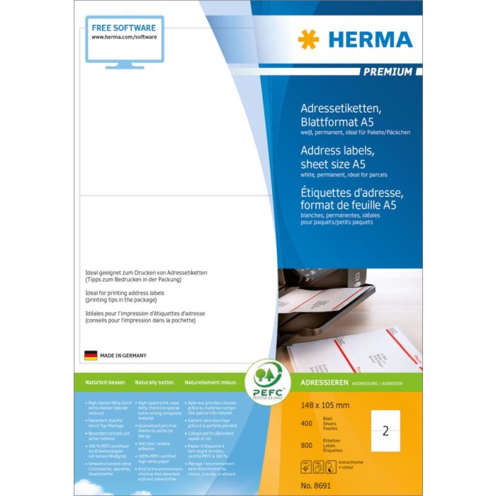 Etichette per indirizzi Herma PREMIUM, A5, 148 x 105 mm, bianco, adesivo permanente