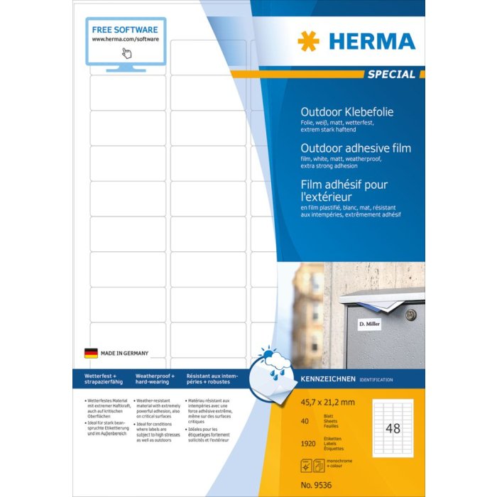 Herma SPECIAL etichette in film per esterni resistenti alle intemperie A4, 45,7 x 21,2 mm, bianco, adesione estremamente forte, estensibile