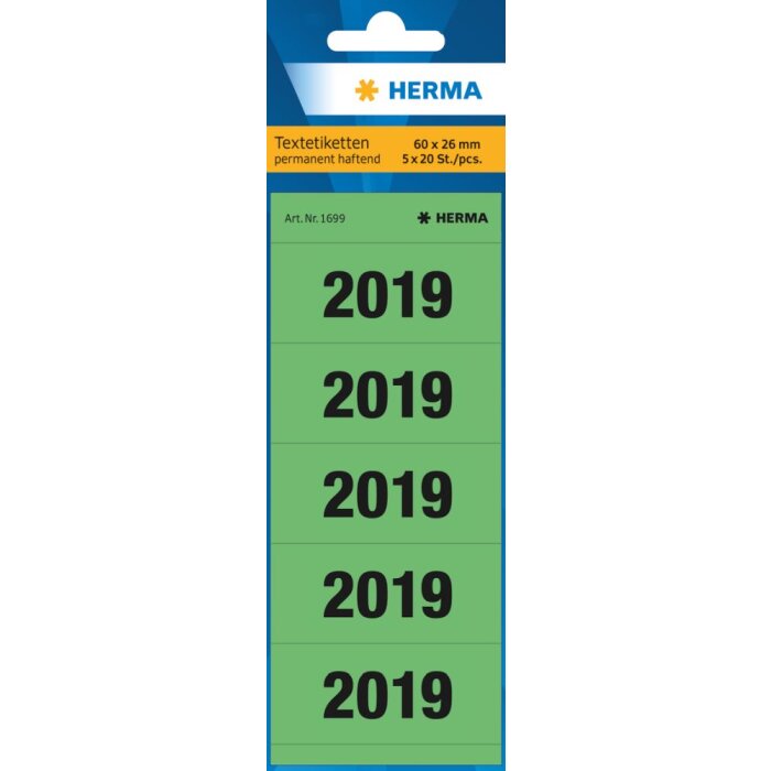 Numeri dellanno 2019 Herma per cartelline, 60 x 26 mm, verde, adesivo permanente