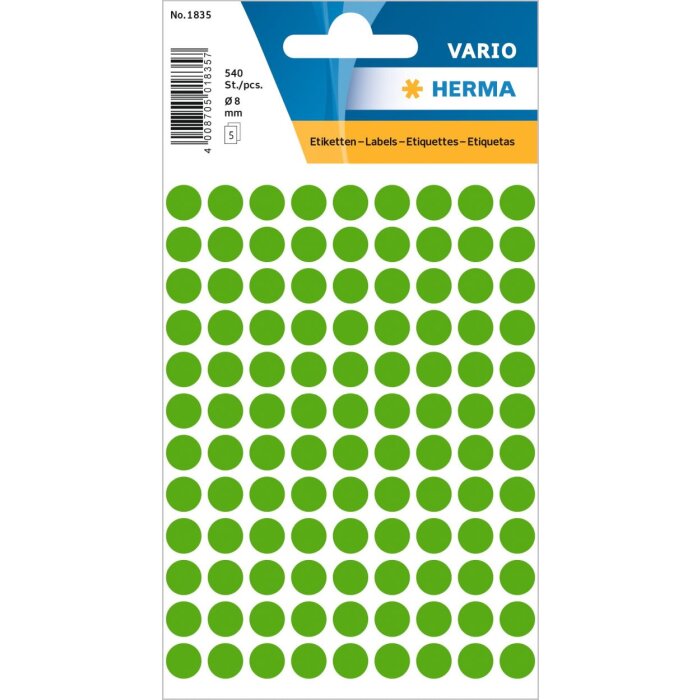 Etichette multiuso verdi ø 8 mm carta rotonda opaca 540 pz.