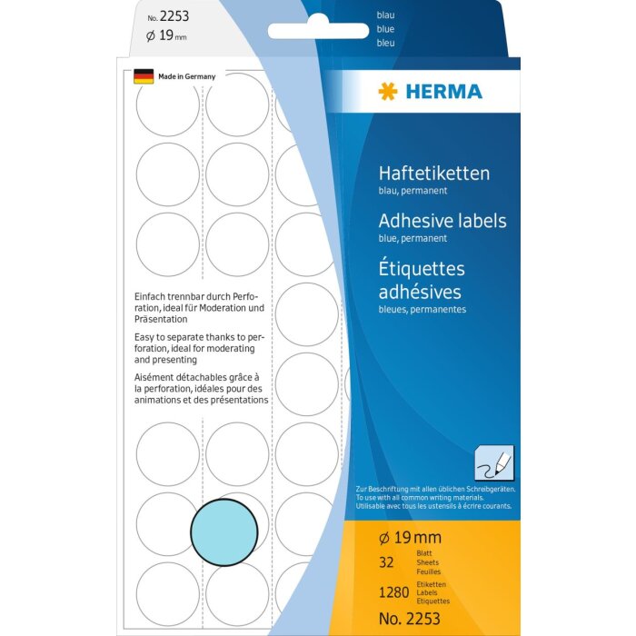 Etichette multiuso blu Ø 19 mm carta rotonda opaca 1280 pz.