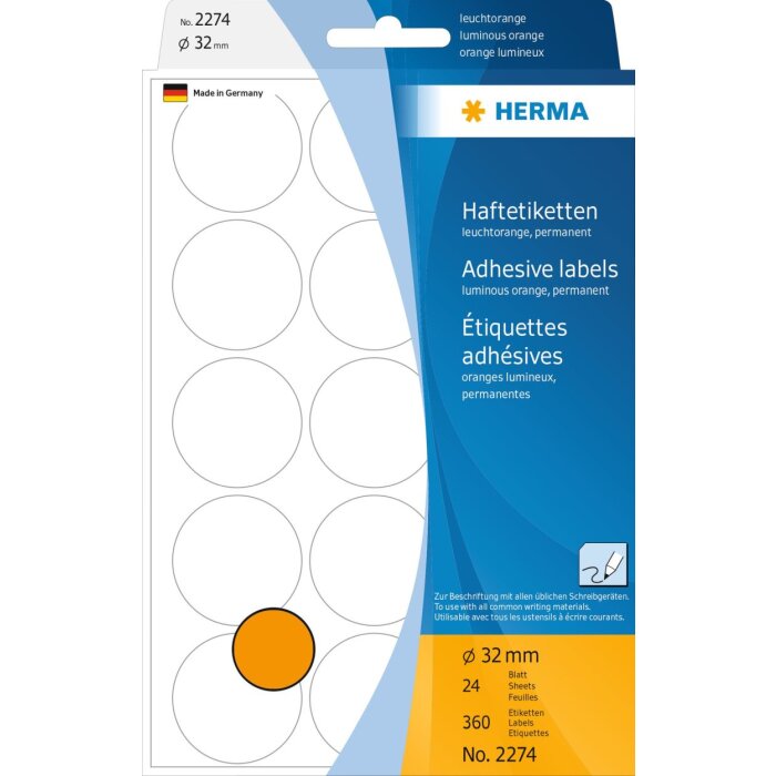 Etichette multiuso arancione brillante Ø 32 mm carta rotonda opaca 360 pz.