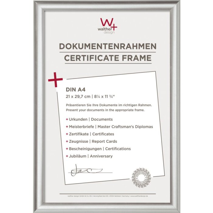 Walther Cornice per certificati Trendstyle 21x29,7 cm DIN A4 argento Cornice per certificati
