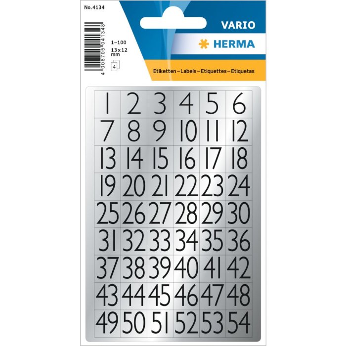 Numeri 13x12 mm 1-100 Foglio argento nero 4 fogli