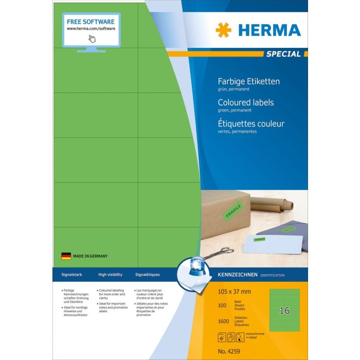 Etichette A4 verde 105x37 mm carta opaca 1600 pz.