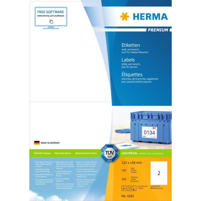 Etichette Premium A4, carta bianca 210x148 mm opaca 200 pz.