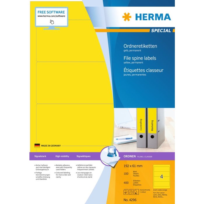 Etichette per cartelle A4 giallo 192x61 mm carta opaca 400 pz.