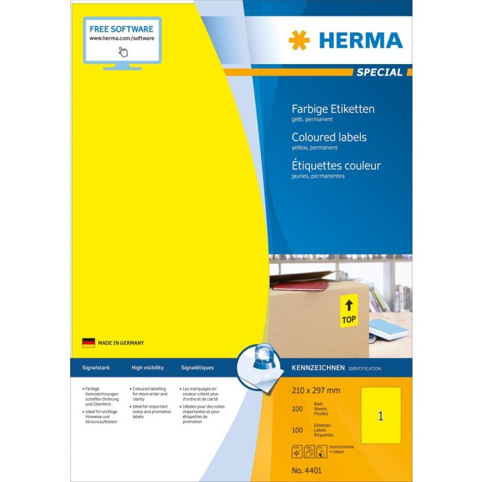 Etichette A4 giallo 210x297 mm carta opaca 100 pz.