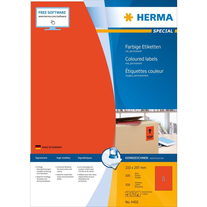 Etichette A4 rosso 210x297 mm carta opaca 100 pz.