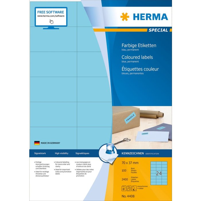 Etichette A4 blu 70x37 mm carta opaca 2400 pz.