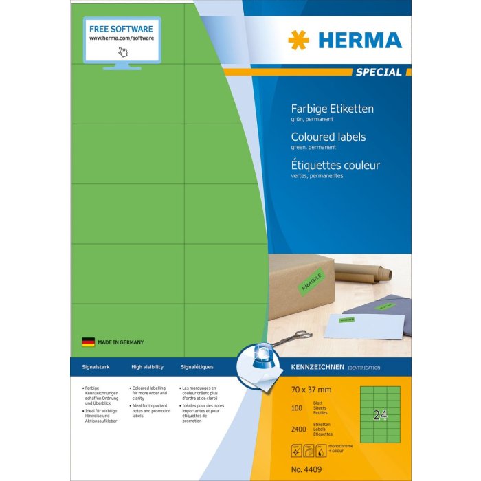 Etichette A4 verde 70x37 mm carta opaca 2400 pz.