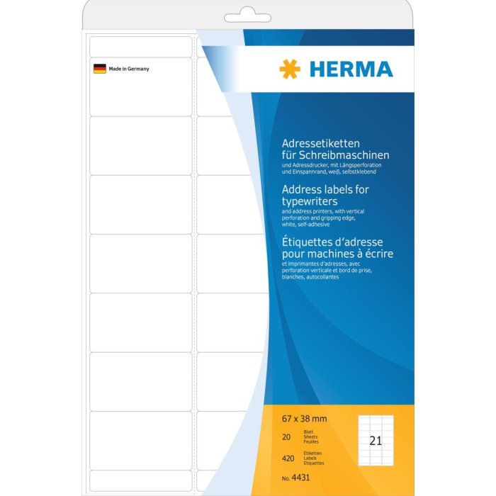 Etichette per macchine da scrivere A4 67x38 mm in carta con angoli opachi rotonde 420 pz.