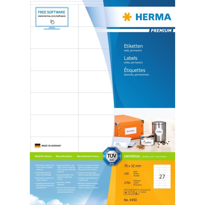 Etichette Premium A4, carta bianca 70x32 mm opaca 2700 pz.