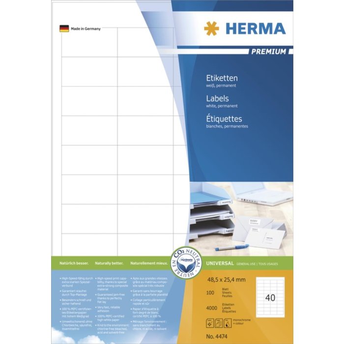 Etichette Premium A4, carta bianca 48,5x25,4 mm opaca 4000 pz.