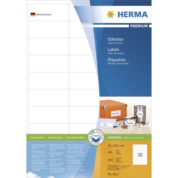 Etichette Premium A4, carta bianca 70x29,7 mm opaca 6000 pz.