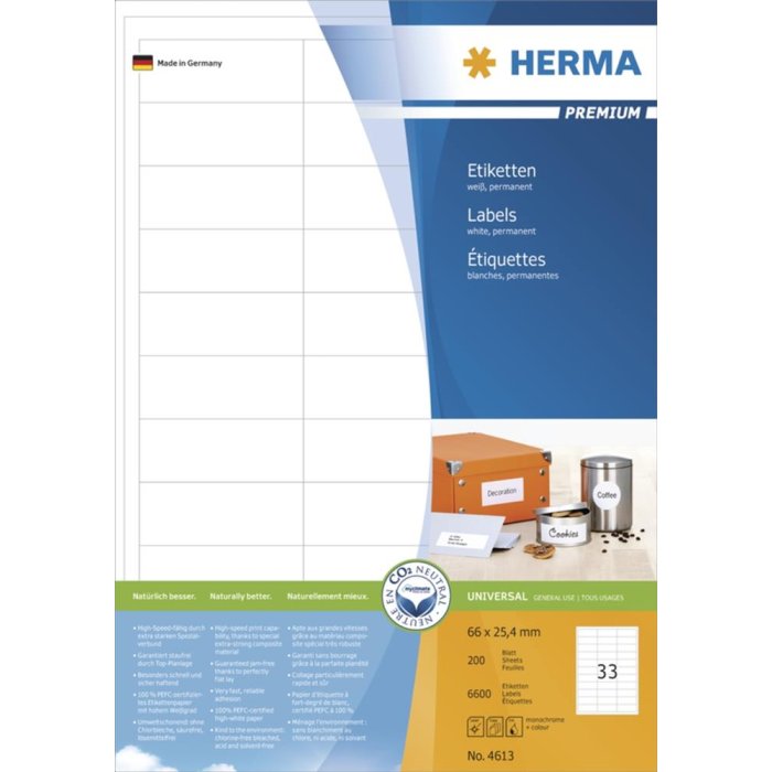 Etichette Premium A4, carta bianca 66x25,4 mm opaca 6600 pz.