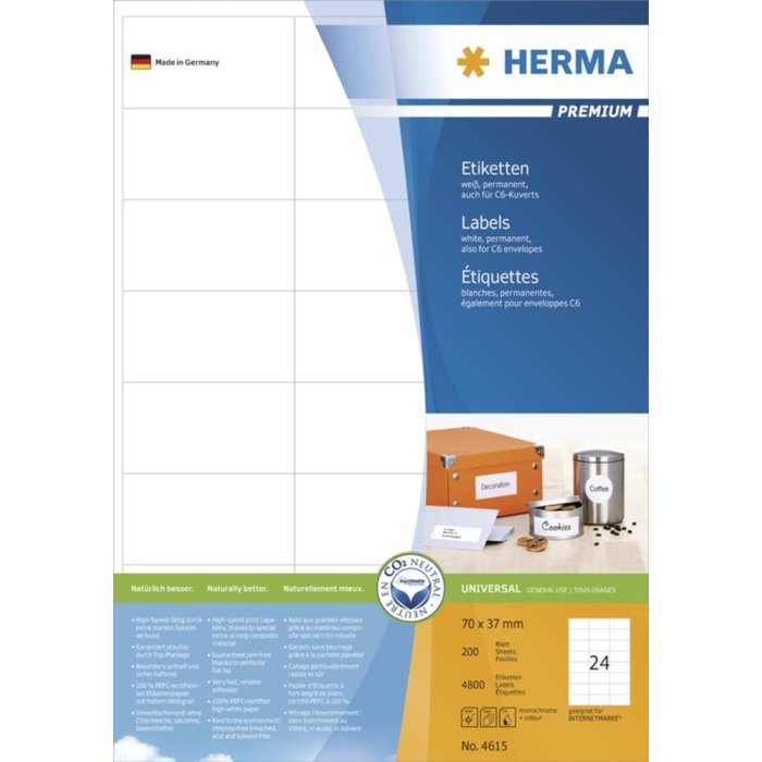 Etichette Premium a4, bianco 70x37 mm carta opaca 4800 pz.