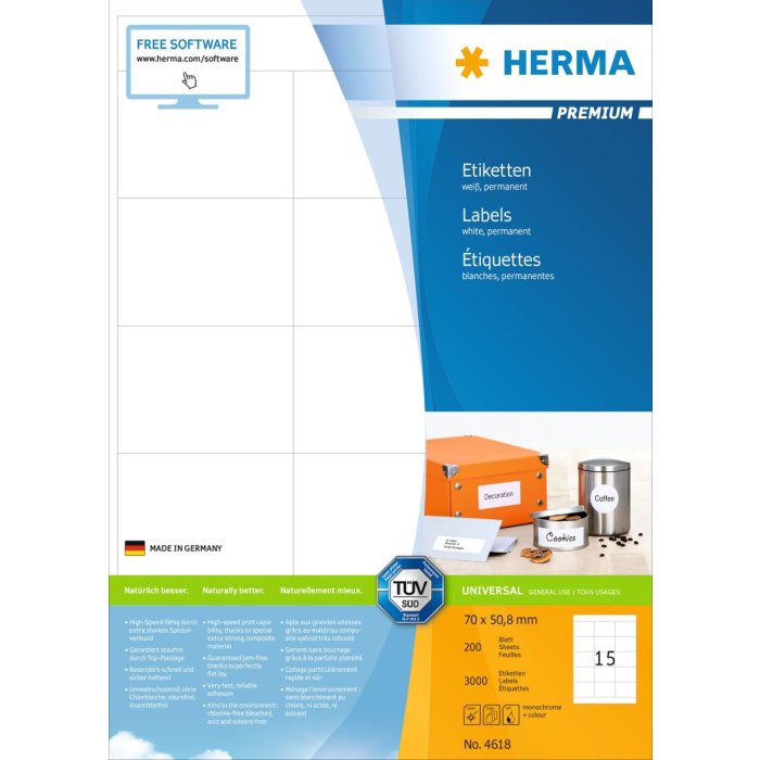 Etichette Premium A4, carta bianca 70x50,8 mm opaca 3000 pz.