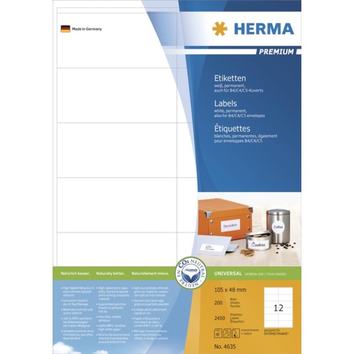 Etichette Premium A4, carta bianca 105x48 mm opaca 2400 pz.