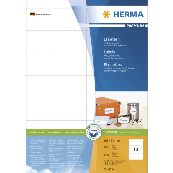 Etichette Premium a4, carta bianca 105x39 mm opaca 1400 pz.