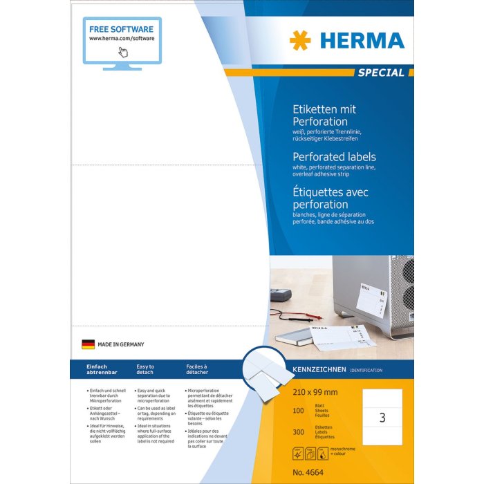 Etichette A4 bianche 210x99 mm carta perforata opaca 300 pz.