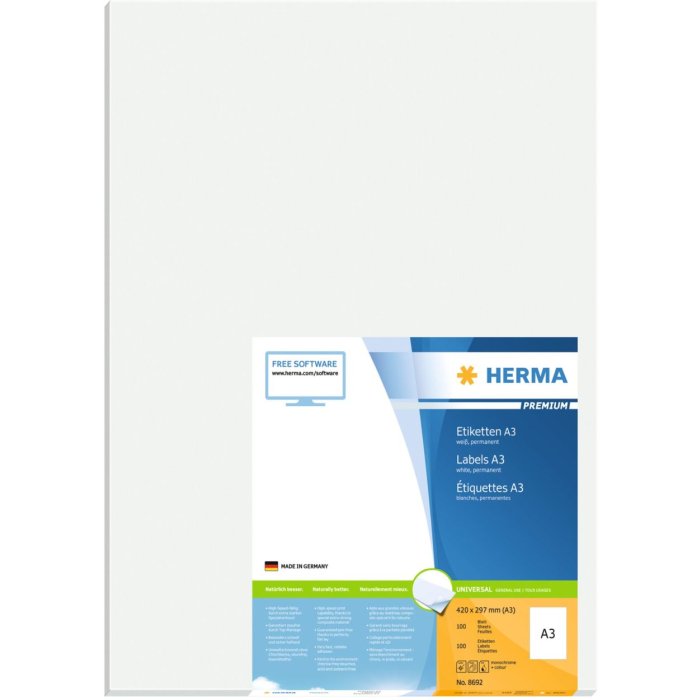 Etichette A3 Premium, carta bianca 297x420 mm opaca 100 pz.