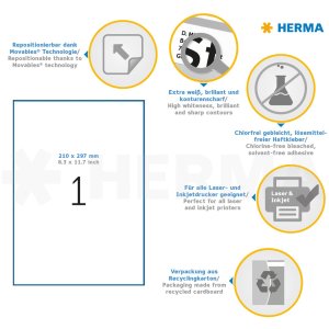 Etichette HERMA A4 bianco 210x297 mm Carta mobile-rimovibile opaca 100 pz.
