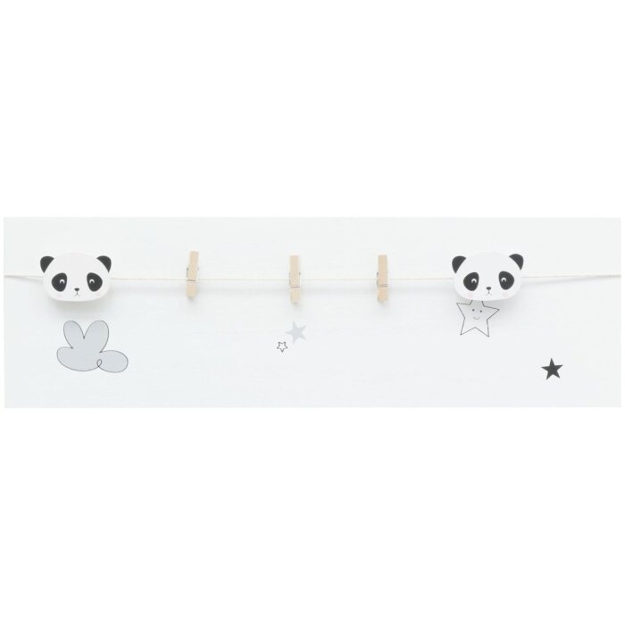Parete di legno bianco con mollette e motivo di panda 15x48 cm