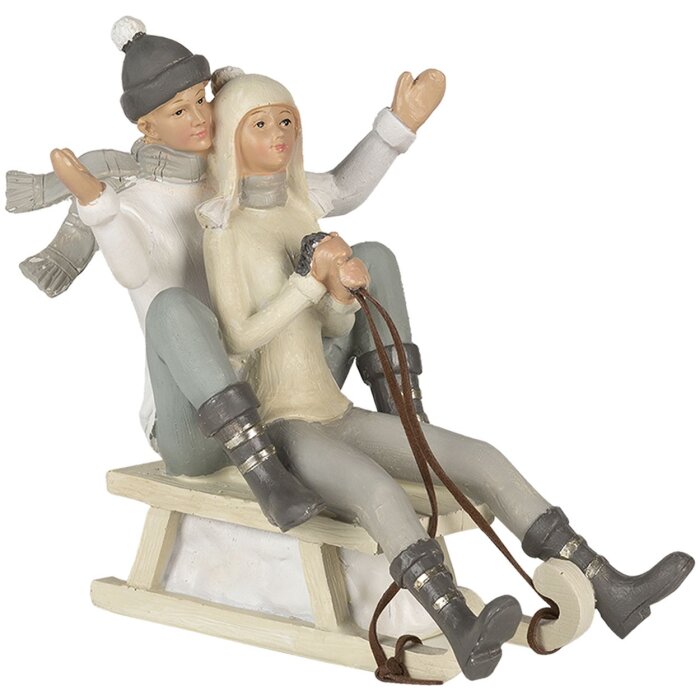 Slitta con coppia - figura decorativa grigia 19x14x17 cm 6PR4660