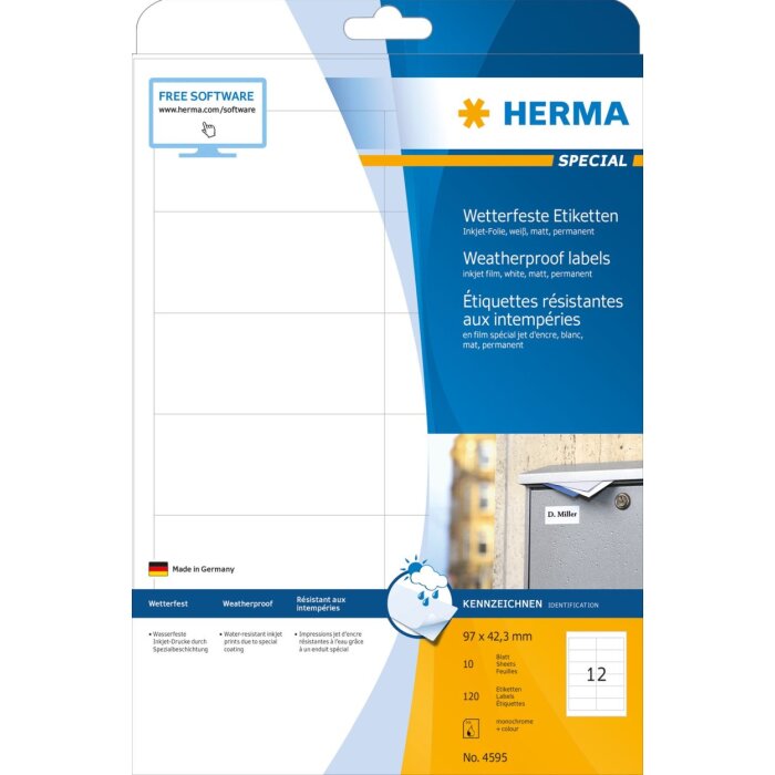 Etichette HERMA a getto dinchiostro resistenti alle intemperie A4, 97,0 x 42,3 mm, bianco, adesivo permanente
