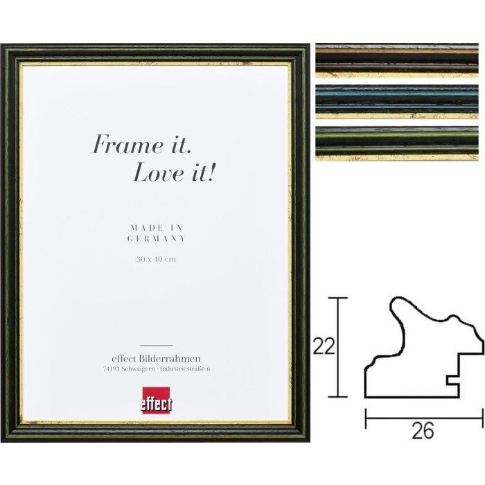 Cornice in legno a effetto Profilo 21 con bordo dorato Dimensioni e tipi di vetro speciali