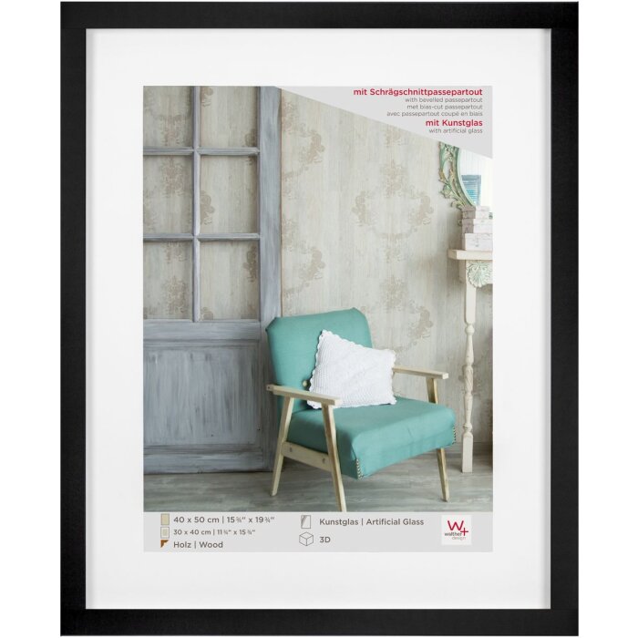 Walther Cornice in legno Stockholm nero 40x50 cm con vetro acrilico passepartout