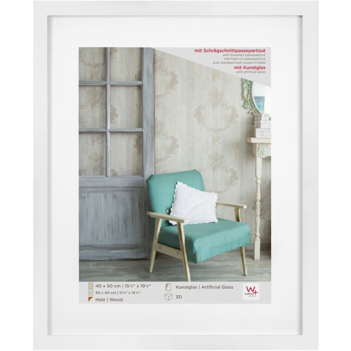 Telaio in legno Walther Stockholm bianco 40x50 cm con vetro acrilico passepartout