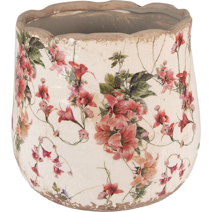 Clayre & Eef 6CE1549M Vaso da fiori in ceramica Ø 18x16 cm Rosa Beige Stile Barocco