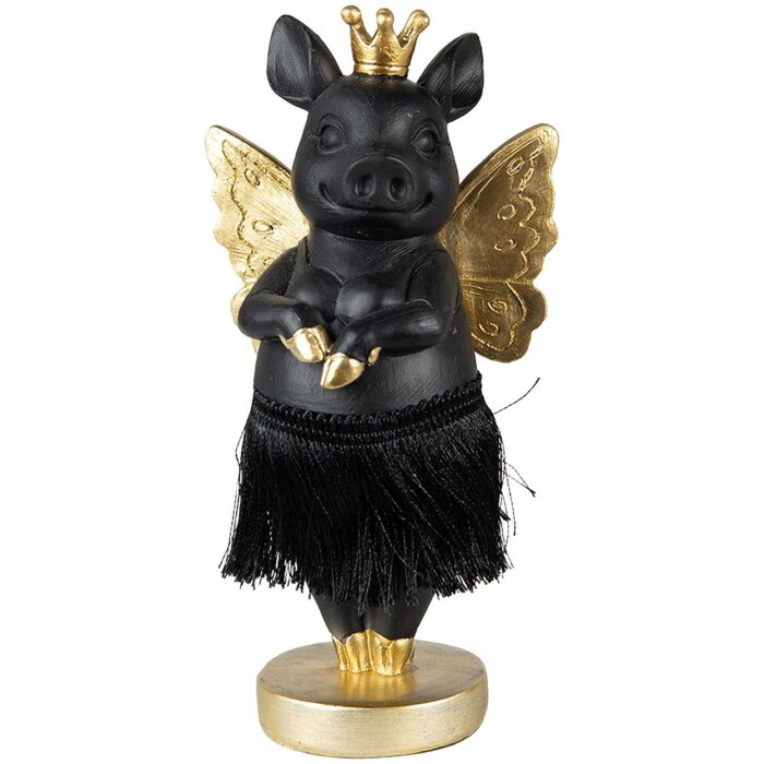 Clayre & Eef 6PR3860 Decorazione Maiale 9x6x18 cm Nero Oro Corona Ali