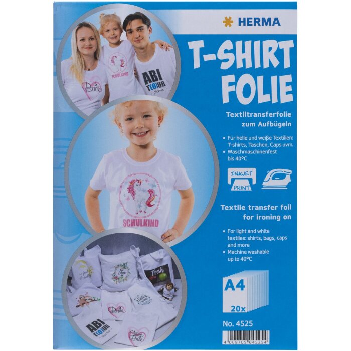 HERMA 4525 Pellicola per il trasferimento di magliette A4 di colore chiaro stampabile 20 fogli