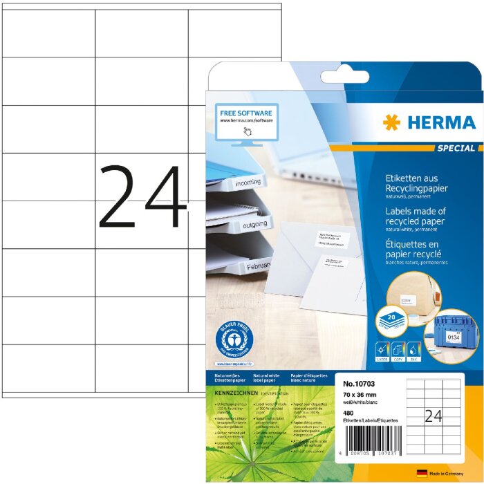 HERMA 10703 Etichette carta riciclata A4 70x36mm bianco permanente