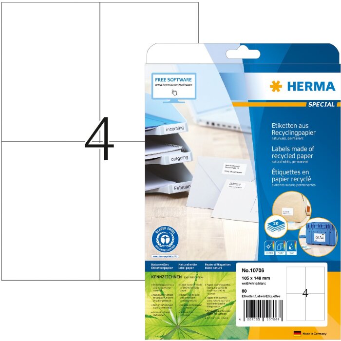 HERMA 10706 Etichette carta riciclata A4 105x148 mm bianco permanente