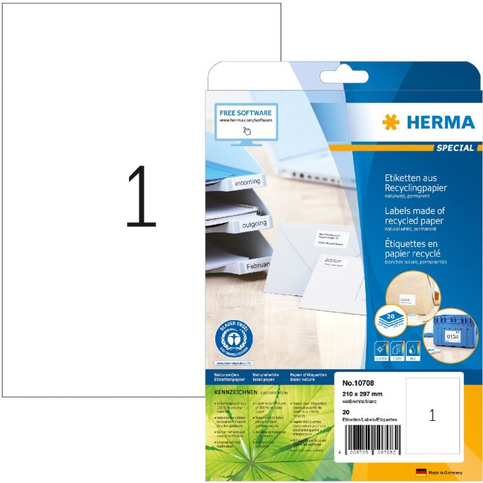 HERMA 10708 Etichette carta riciclata A4 210x297mm bianco permanente