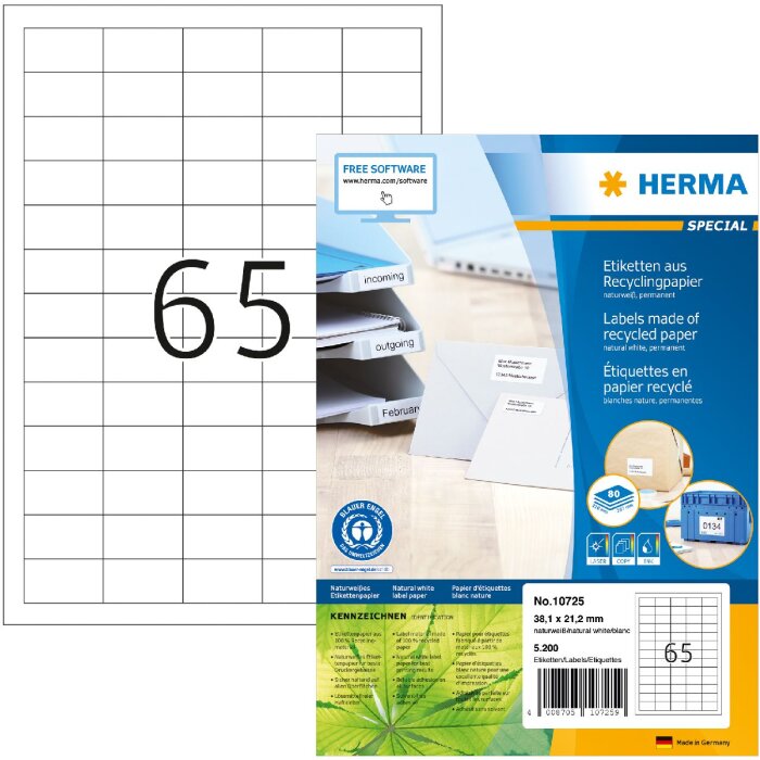 HERMA 10725 Etichette in carta riciclata A4 38,1x21,2 mm bianco adesivo permanente