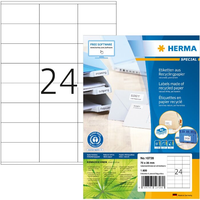 HERMA 10728 Etichette in carta riciclata A4 70x36 mm bianco adesivo permanente