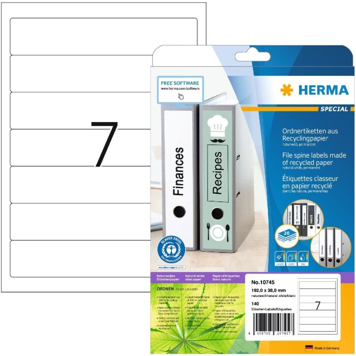 HERMA 10745 Etichette per cartelle A4 192x38 mm carta riciclata bianca permanente