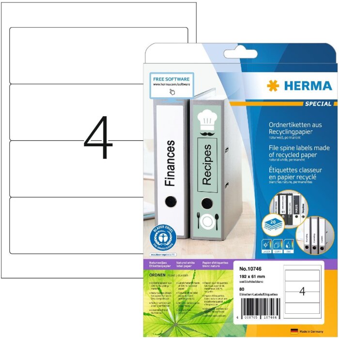 HERMA 10746 Etichette per cartelle A4 192x61 mm carta riciclata bianca permanente