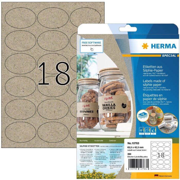 HERMA 10763 Etichette Carta Silphie A4 ovale 63,5x42,3mm marrone naturale permanente