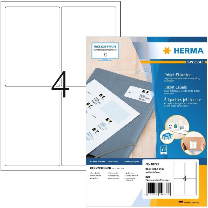 HERMA 10777 Etichette Inkjet A4 96x139,7 mm bianco permanente 320 pz.