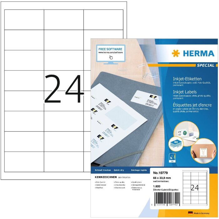 HERMA 10779 Etichette Inkjet A4 66x33,8 mm bianco permanente 1920 pz.