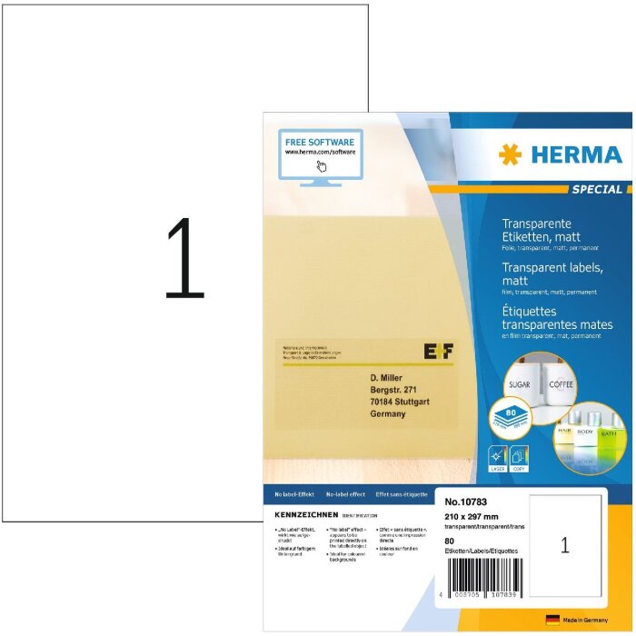 HERMA 10783 Etichette in film trasparente A4 210x297 mm opaco resistente alle intemperie