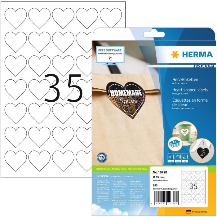 HERMA 10790 PREMIUM etichette a cuore A4, Ø 35 mm, bianco, adesivo permanente
