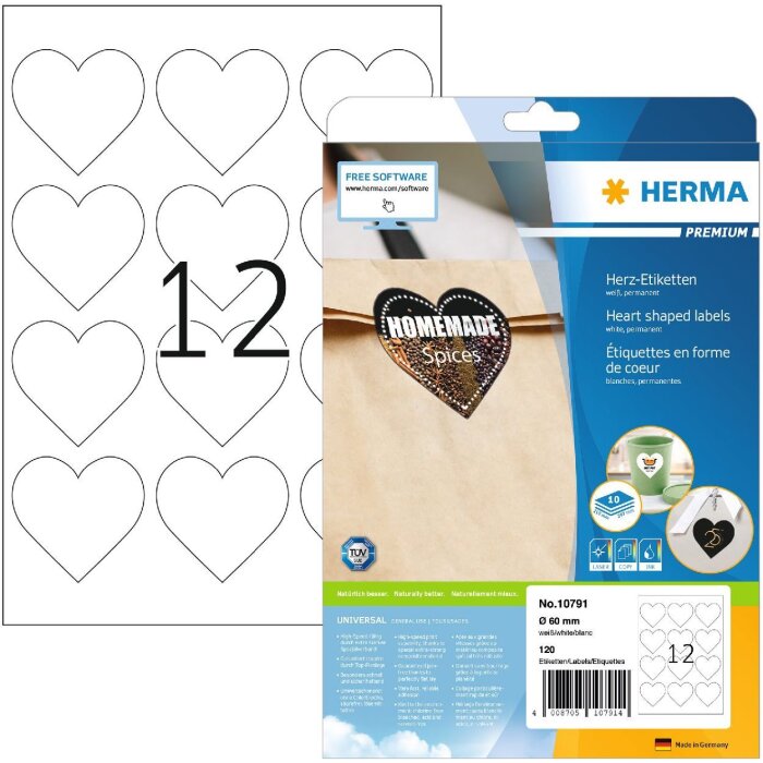HERMA 10791 Etichette a cuore Premium A4 Ø60mm bianco permanente