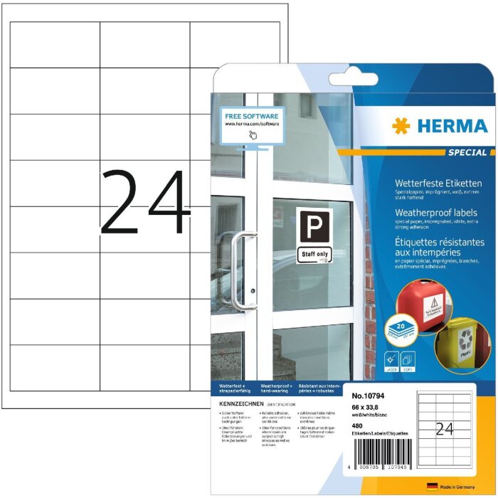 HERMA 10794 Etichette resistenti alle intemperie 66x33,8 mm bianche estremamente adesive 480 pezzi
